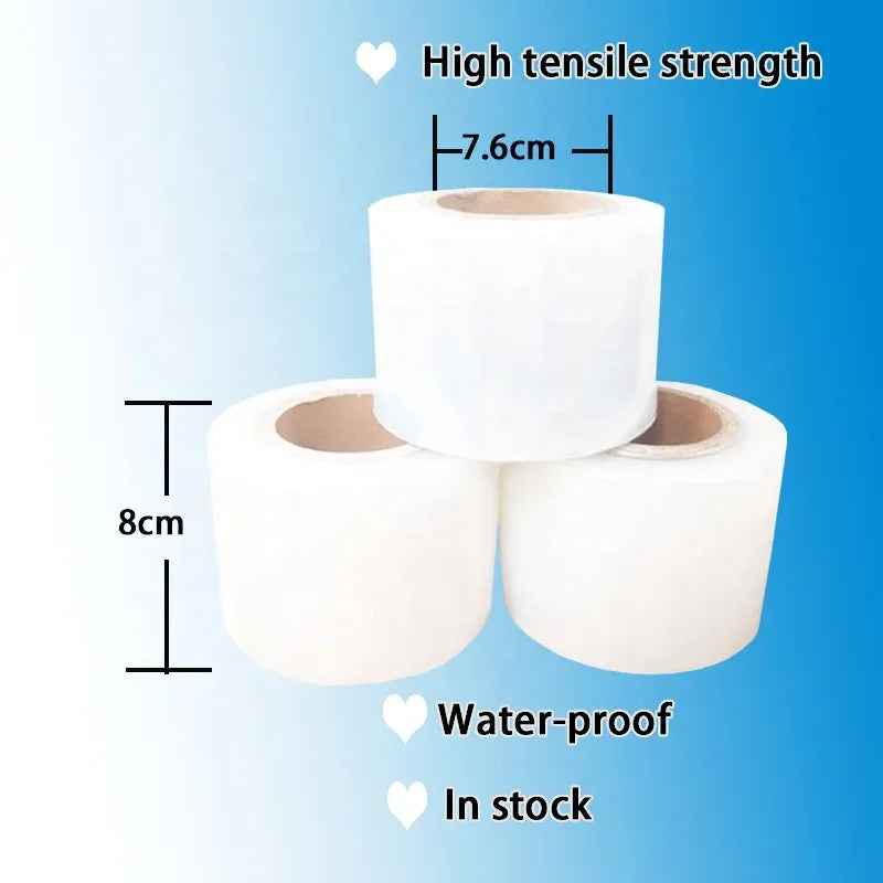 White BOPP packaging tape roll stack with width and height measurements shown.