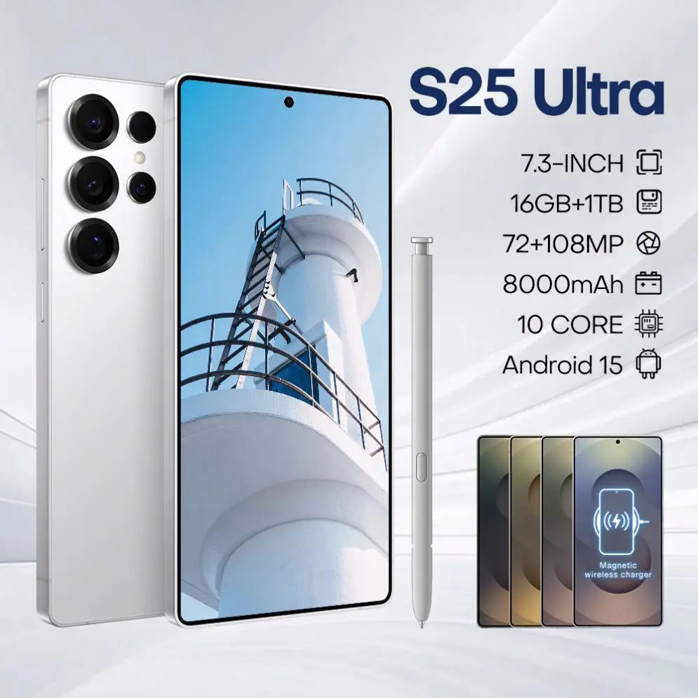 Silver Android smartphone with stylus, triple rear cameras, front and back shown
