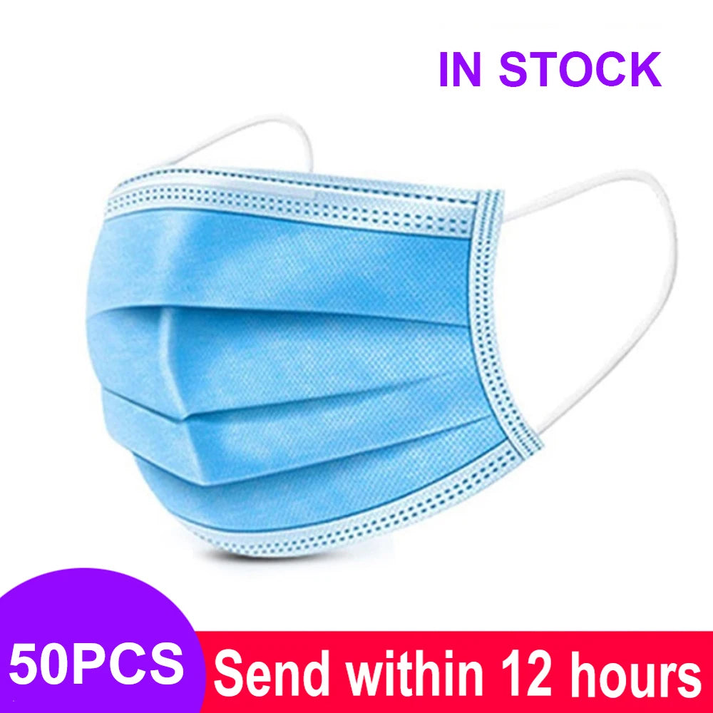 Blue 3-layer disposable face mask, non-woven meltblown fabric with elastic ear loops for dust protection.