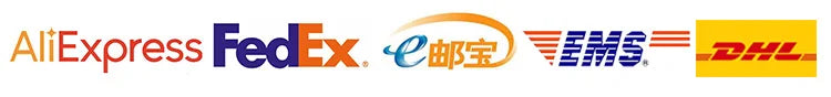 A row of five logistics company logos: AliExpress, FedEx, eYoubao, EMS, and DHL on a white background.