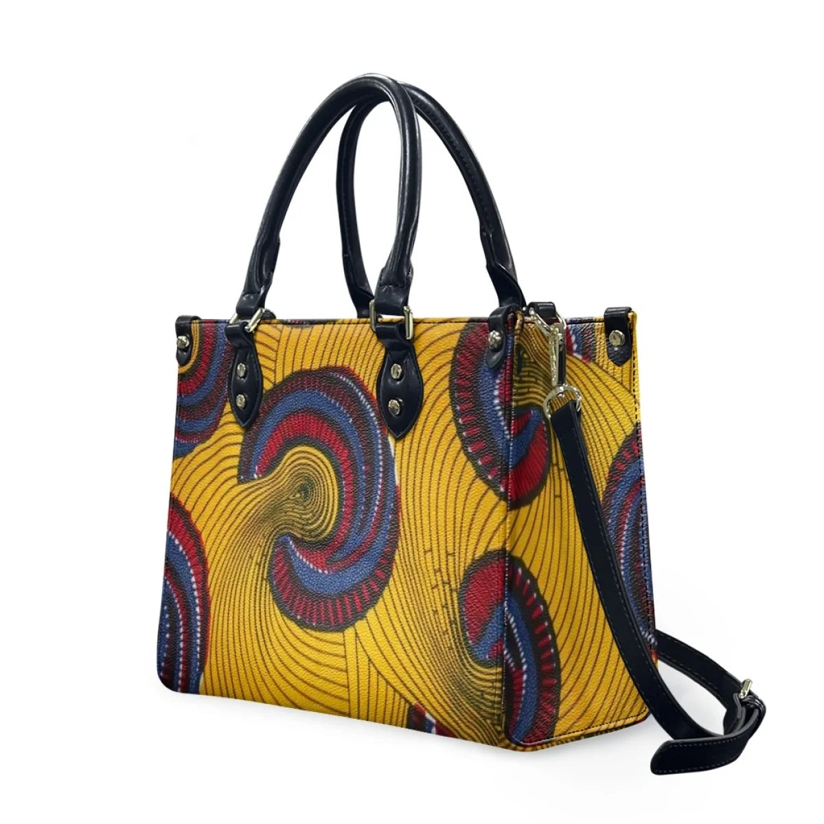 Luxury leather handbag with yellow tribal pattern, blue/red swirls, black handles, and shoulder strap. Trunk style.