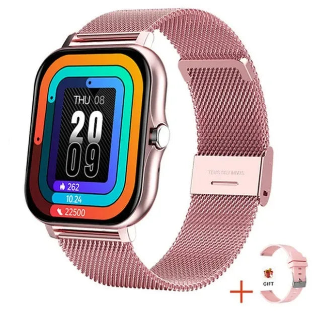 Rose gold square smartwatch with metal mesh strap, digital display, and a bonus pink silicone replacement band.