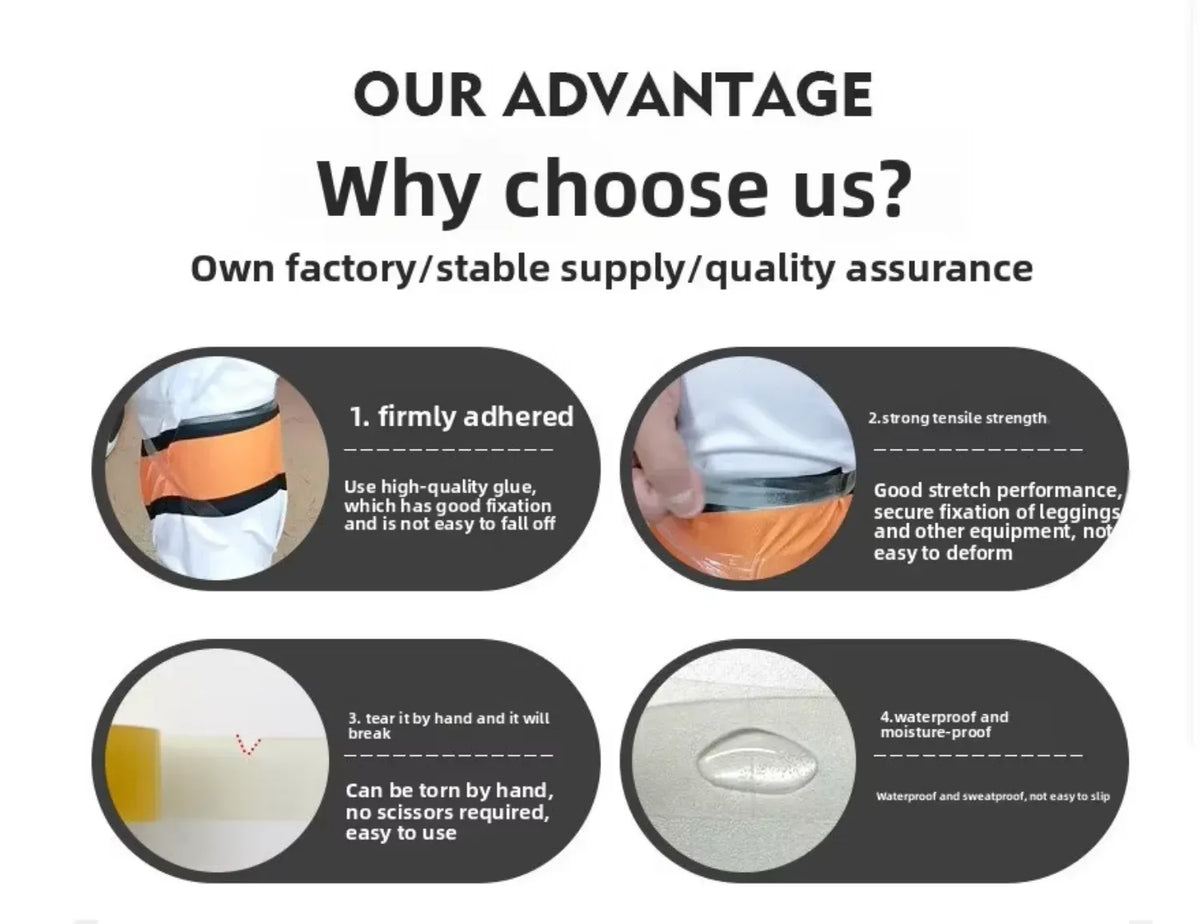 Adhesive grip tape usage infographic with stretch and waterproof sample