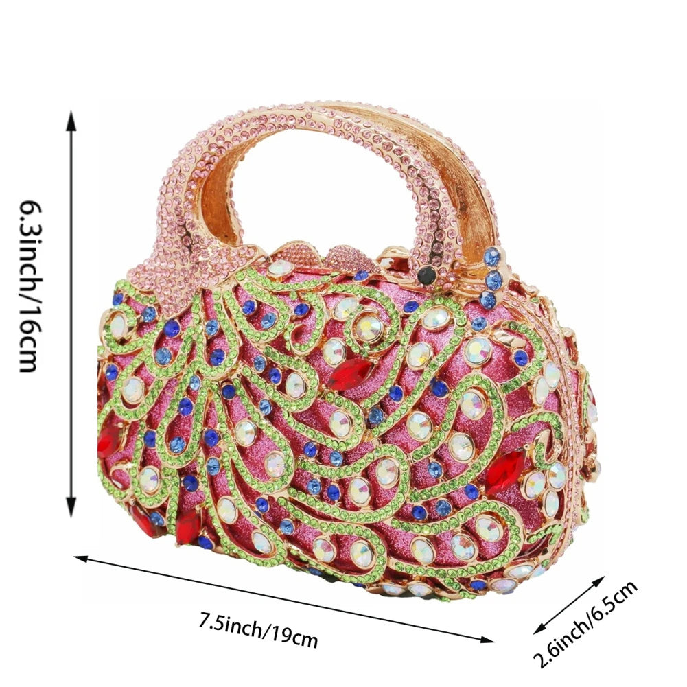 Luxury pink peacock evening handbag with sparkling rhinestones, crystals, and a top handle. Designer crystal clutch.