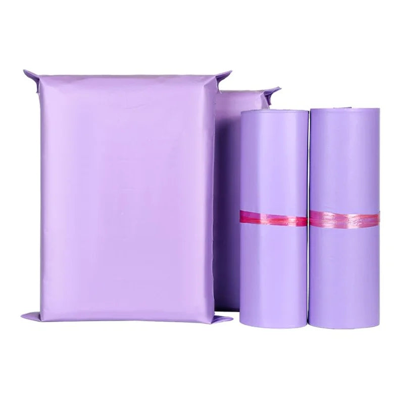 Waterproof poly mailer bag in matte purple with self-seal strip, plus rolled liners