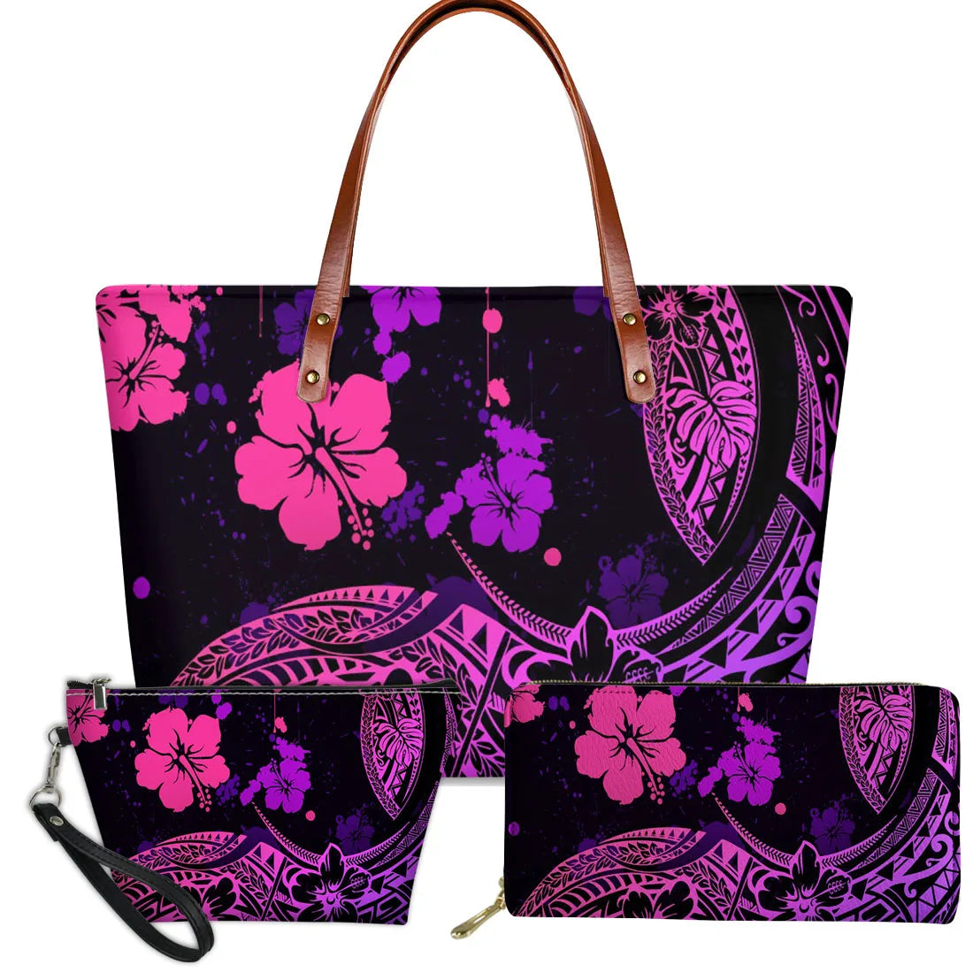 3pc handbag set in black, pink, and purple Polynesian tribal turtle and hibiscus floral print with brown leather straps.