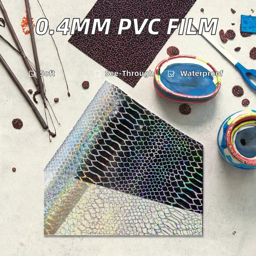 Square sheet of iridescent transparent PVC film with waterproof snake-skin pattern.