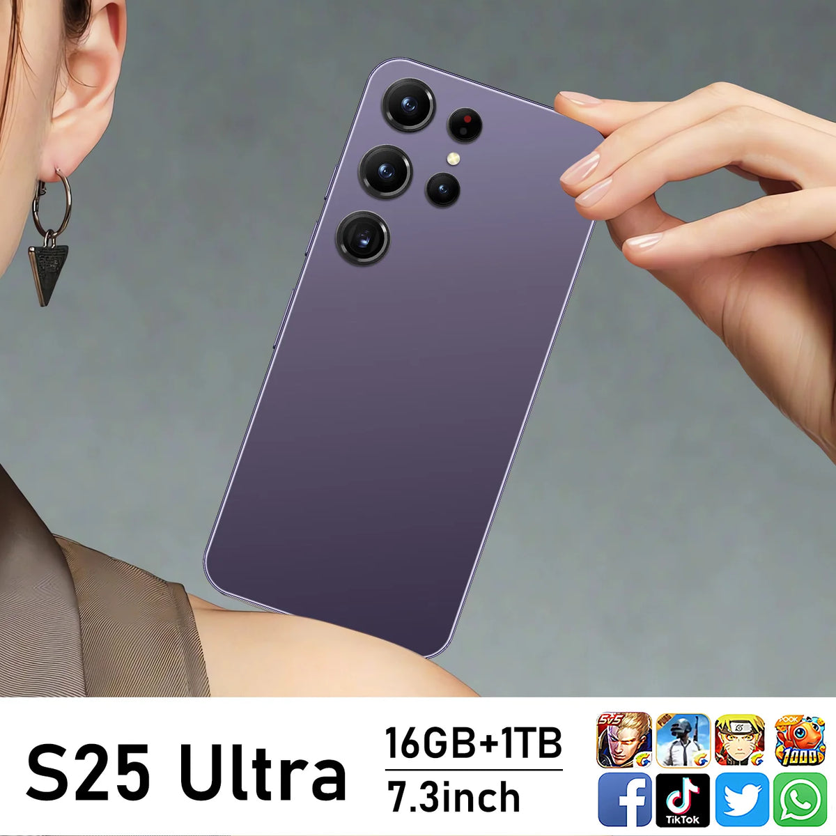 Android smartphone with purple back and quad rear cameras, held up for display.