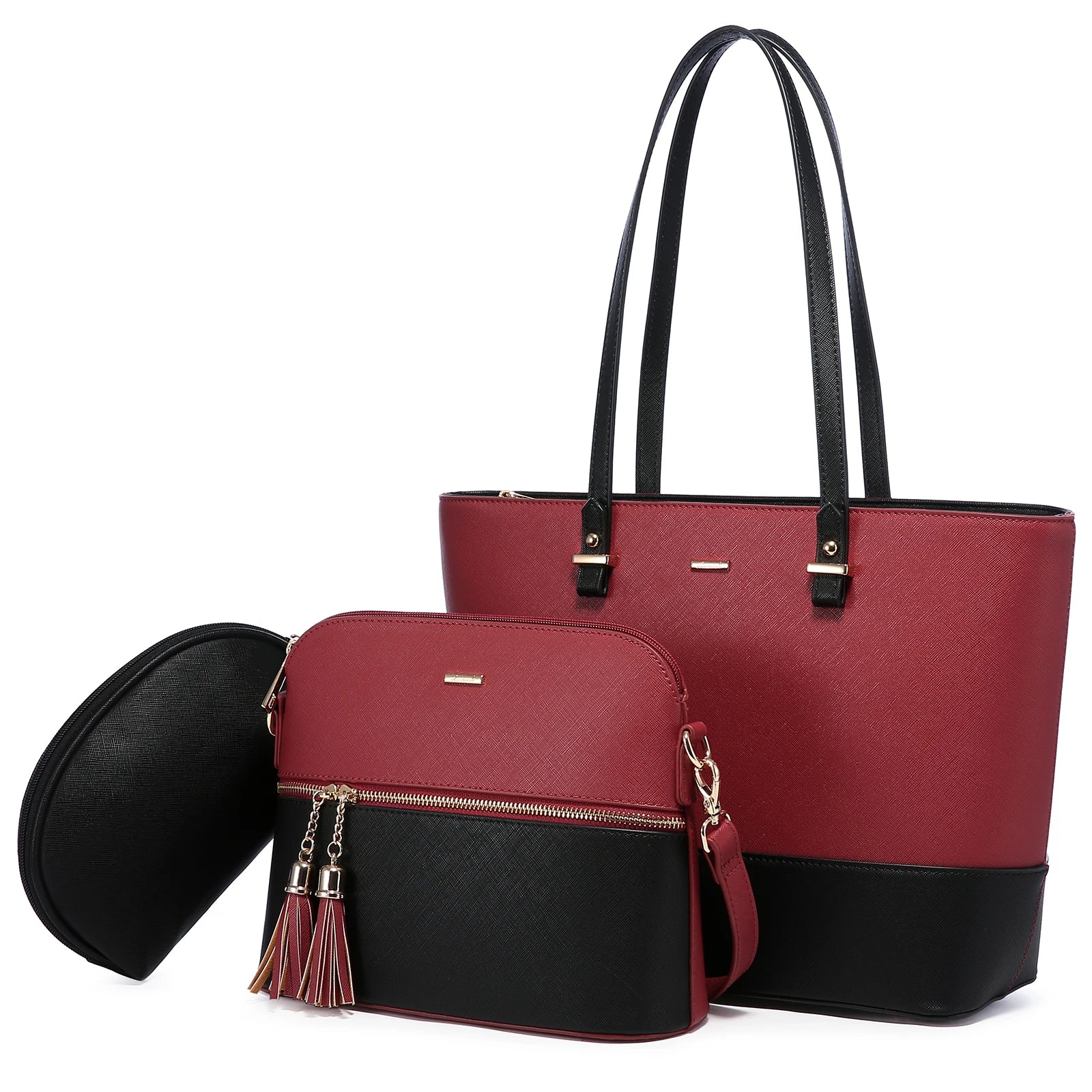 3-piece LOVEVOOK designer handbag set in burgundy and black PU leather, featuring a tote, crossbody, and pouch.