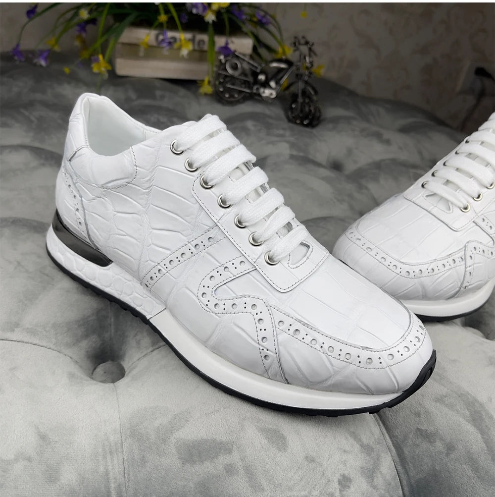 Stylish Genuine Crocodile Leather Men's Sport Shoes Comfortable Men's Running Shoes White Fashion Sneakers Casual Shoes for Men