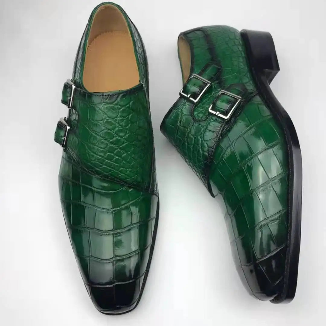 Goodyear Shoes for Man Styles Monk Strap Men High Quality Dress Shoes Green Luxury Genuine Crocodile Leather Office Men's Shoes