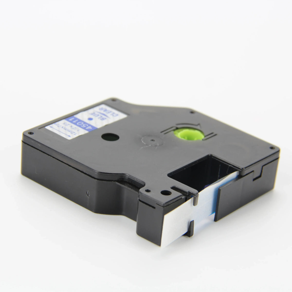 Black Dymo D1 thermal cassette with blue label strip and open latch