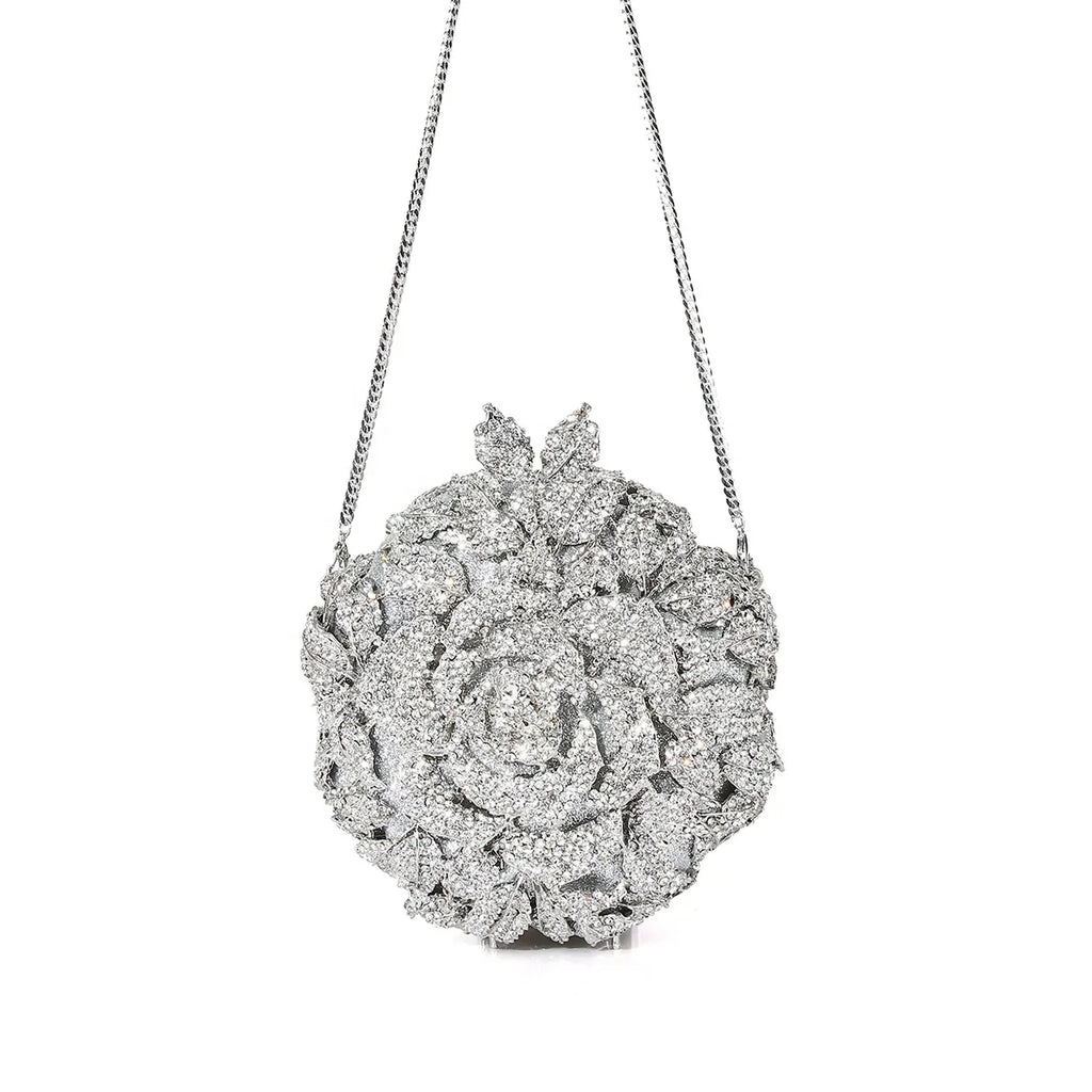 Silver crystal-embellished rose-shaped designer clutch bag with chain strap for weddings and evening parties.
