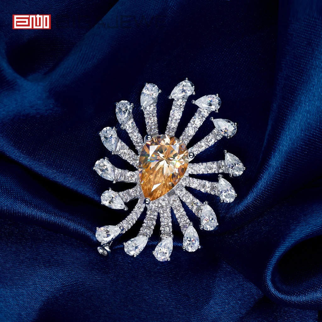 GIGAJEWE 9x13mm Pear Cut Cyan Brown Moissanite Sunburst Brooch 925 Sterling Silver Luxury Animal Flower Lapel Pin for Women