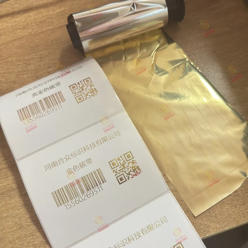 Gold resin wax barcode printer ribbon roll with barcode label and packaging