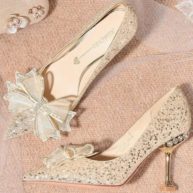 Luxury Shiny Champagne Gold High-heeled Women's Shoes Pointed Toe Designer Heels Ladies Sexy Bridal Wedding Gowns Shoe