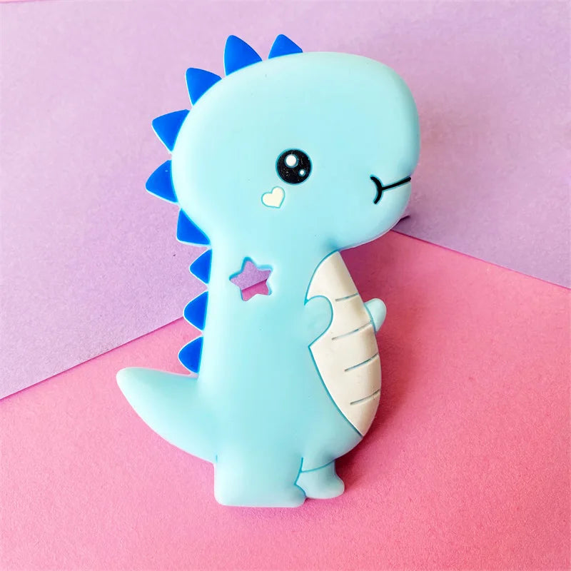 Blue dinosaur silicone baby teething toy for soothing sore gums.