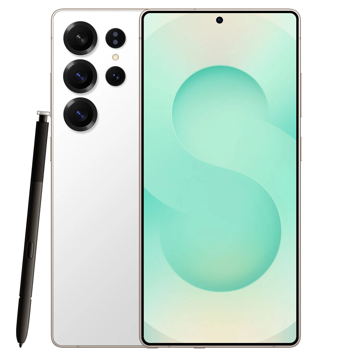 6.8-inch smartphone with stylus; white back, quad camera lenses; front green abstract display