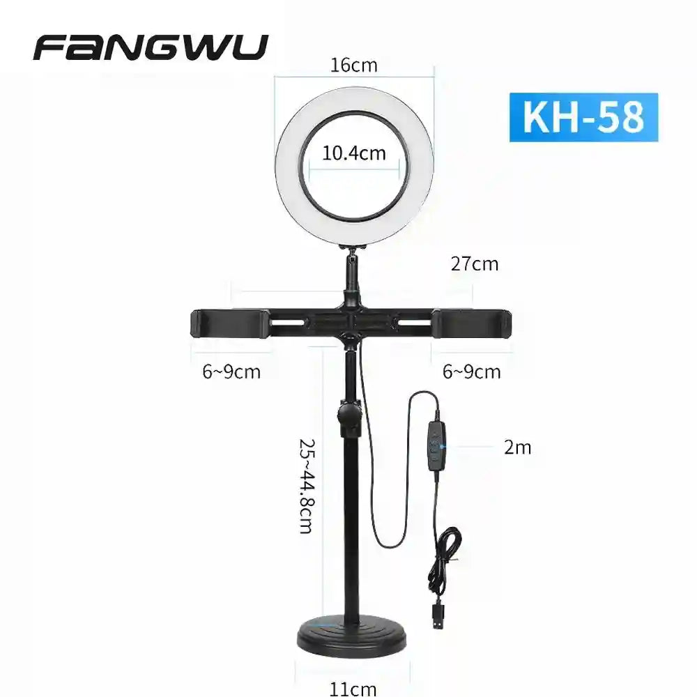 Black desktop ring light and dual phone holder stand with adjustable height and 2m USB cable for content creation.