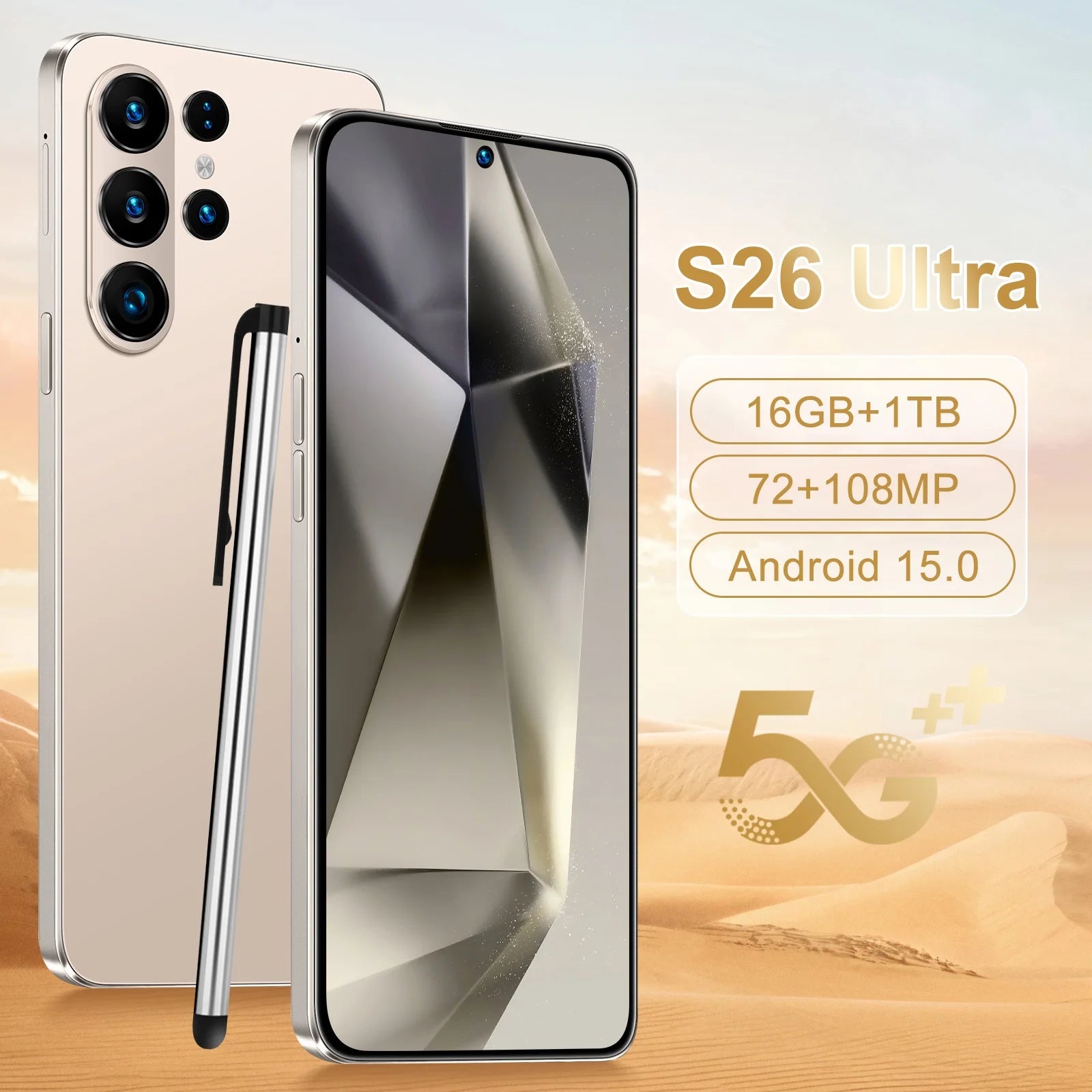 S26 Ultra 5G Smartphone, 16GB RAM, 1TB Storage, 7.3 Inch Display Gold 16g 1TB Tidesmit
