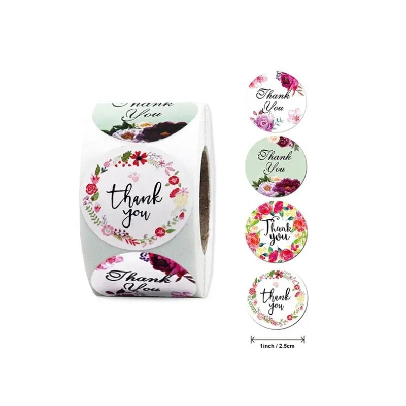 Thank you flower round stickers, waterproof adhesive laminate, white roll with floral designs