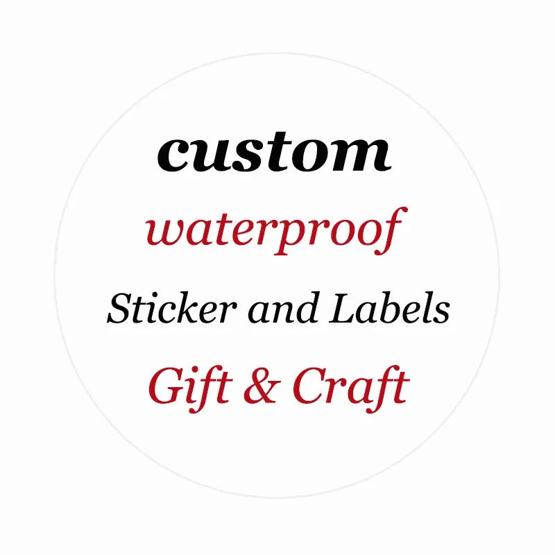 Custom waterproof sticker and label text on circular white background