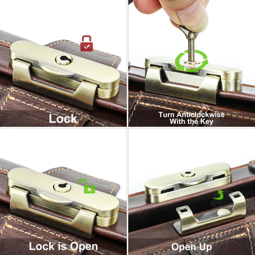 Brown full-grain leather doctor satchel showing step-by-step instructions for the vintage brass key lock mechanism.
