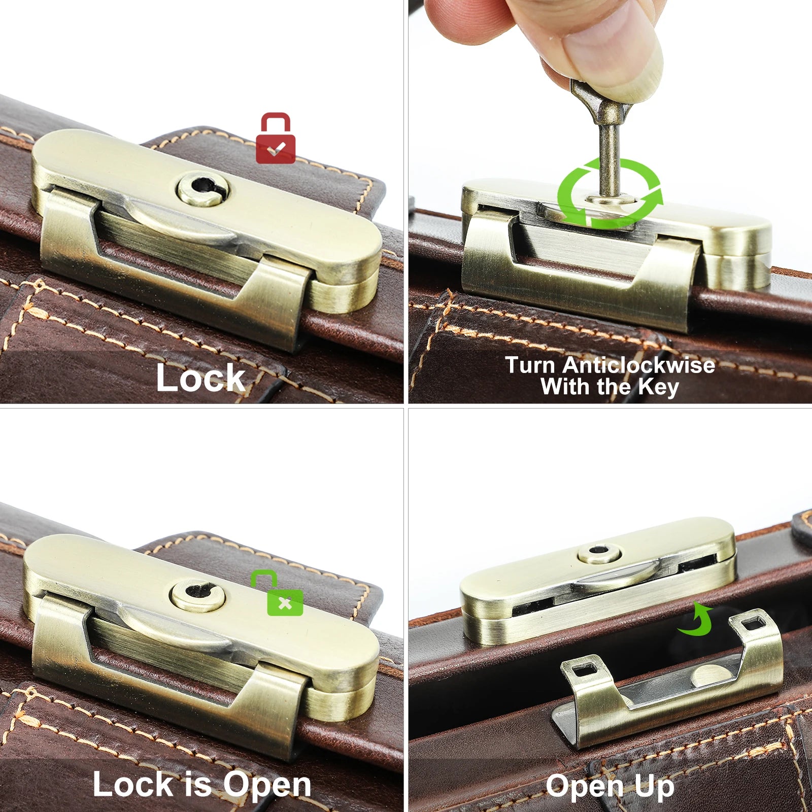 Brown full-grain leather doctor satchel showing step-by-step instructions for the vintage brass key lock mechanism.