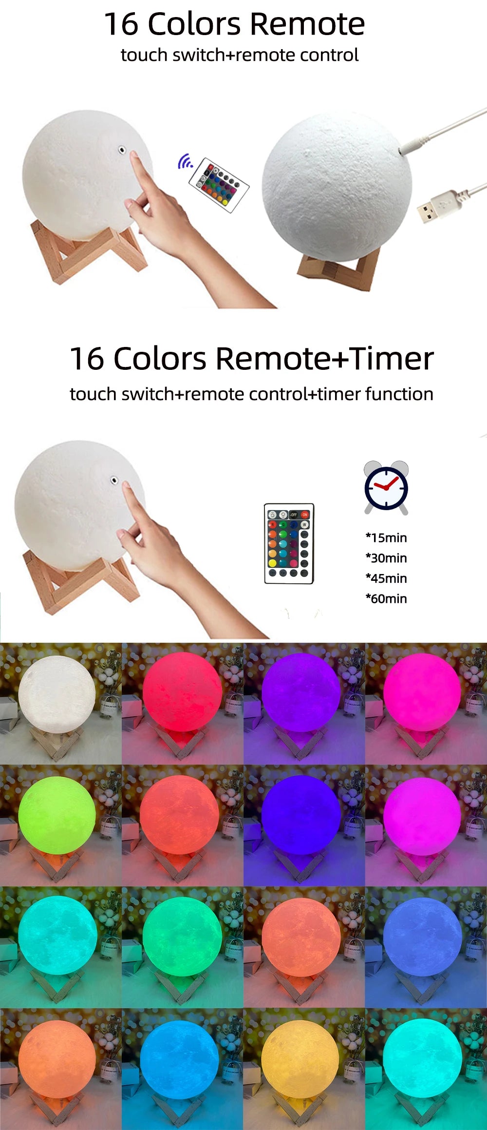 Spherical moon lamp with wooden stand, remote control, and USB charging, displaying 16 color-changing light modes.