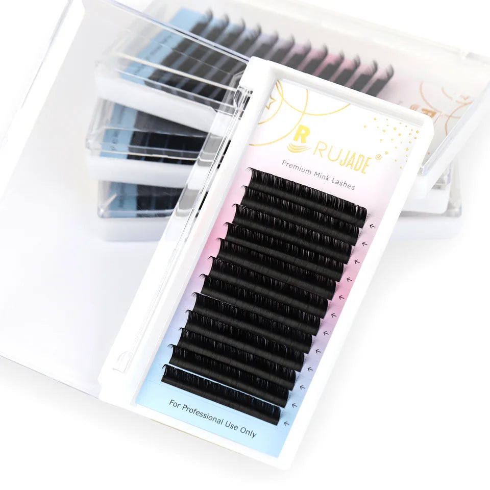 RUJADE brand 0.03mm black Russian volume eyelash extension trays for professional use.