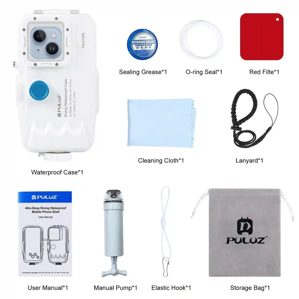 White waterproof smartphone diving case with accessories: pump, red filter, o-ring, grease, lanyard, cloth, and bag.