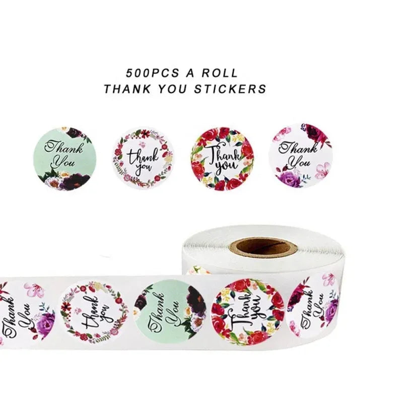 500 pcs waterproof thank you stickers, roll with round floral designs and assorted sizes