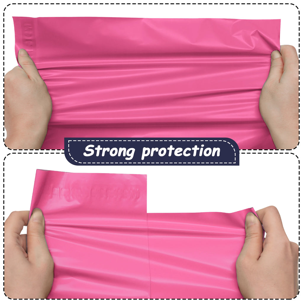 Light pink polyester mailer bag held open, smooth waterproof surface with seal edge