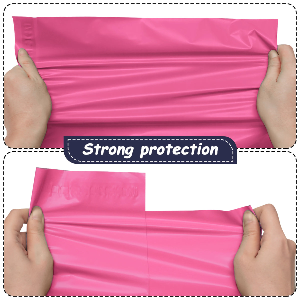 Light pink polyester mailer bag held open, smooth waterproof surface with seal edge