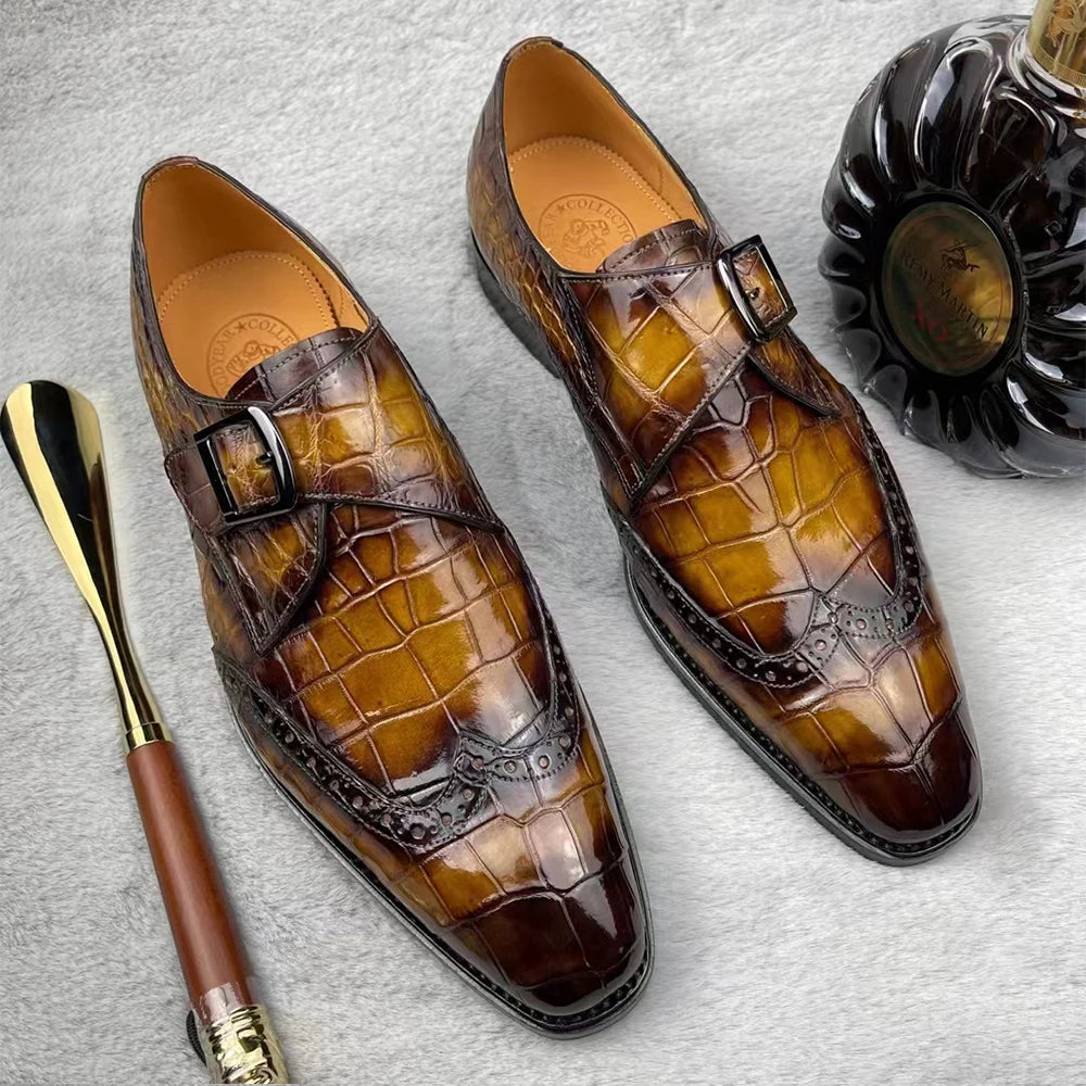 Latest Handmade Formal Shoes for Men Custom Logo Crocodile Leather Office Shoes Monk Strap Luxury Party Wear Dress Shoes Men