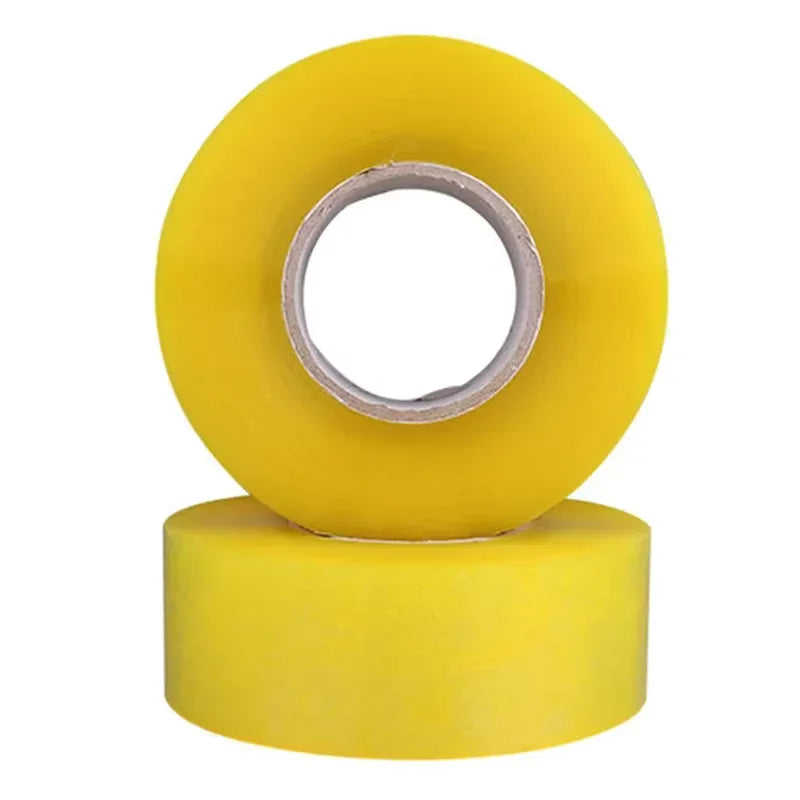 Stacked yellow packing tape rolls with clear inner cores for sealing cartons
