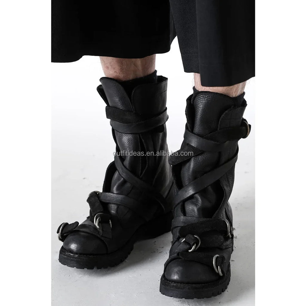 2023-24AW Pour Homme Yohji Yama Boots Adjustable Buckle Straps Genuine Leather Calfskin Unisex Men Black Ankle Distressed Boots