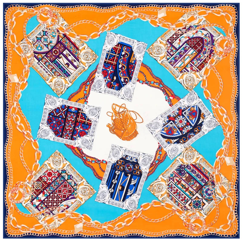 Twill Silk Feeling Scarf for Women 130*130 cm Euro Design Fashion Leopard Chain Print Square Scarves Luxury Gift Large Shawls