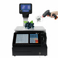Digital weighing scale with LCD display, weighing platform, and handheld barcode scanner