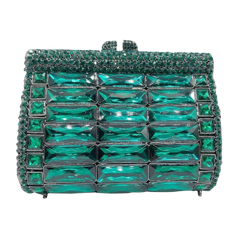 Emerald green crystal evening clutch bag with sparkling rhinestone geometric tiles and luxury designer style.