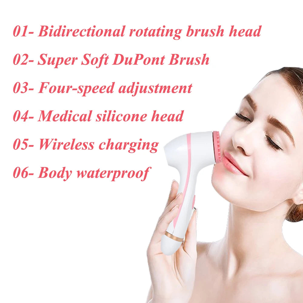 Woman using white and pink sonic facial cleansing brush for deep skin exfoliation and blackhead removal.