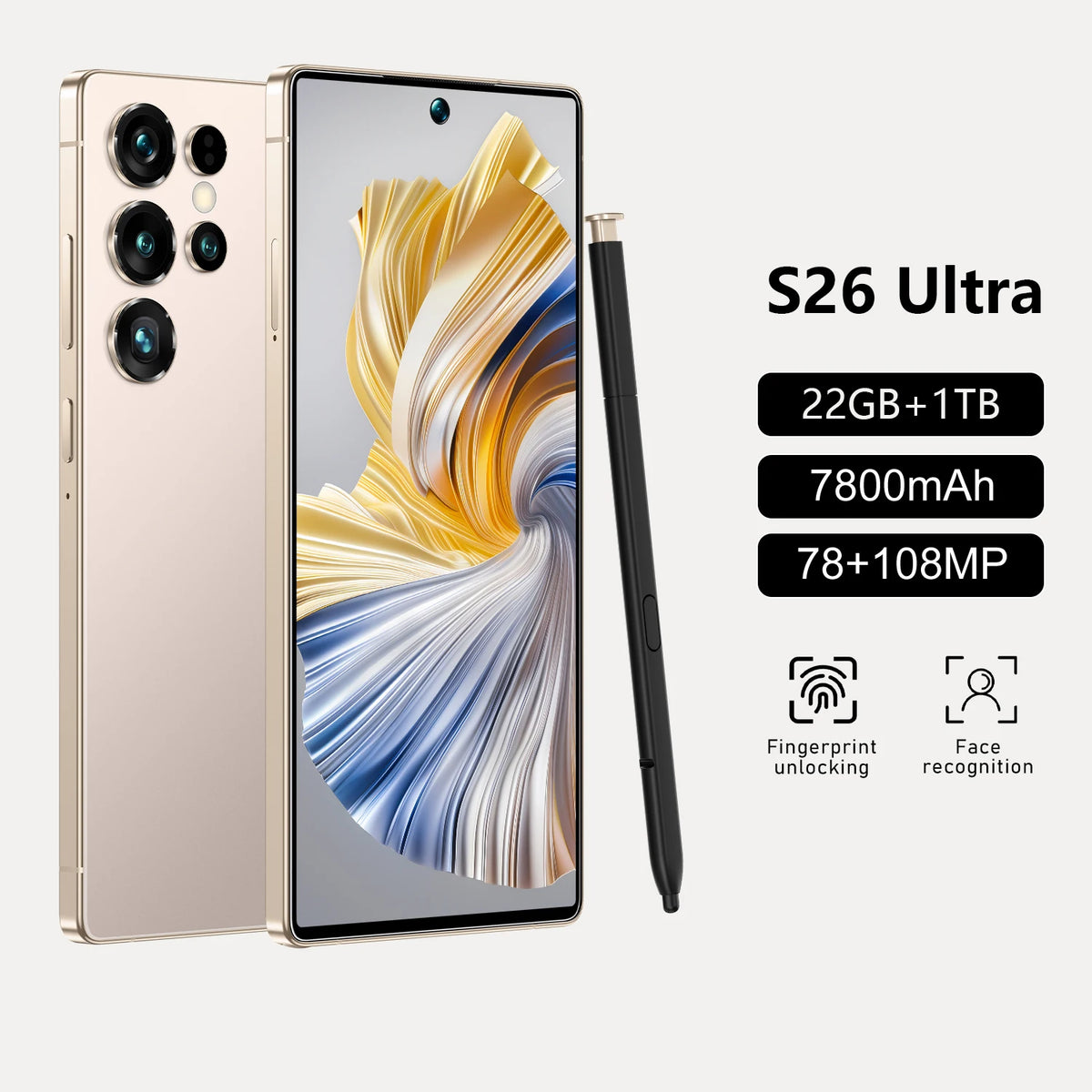 Gold smartphone with four rear cameras, front display on, includes slim stylus