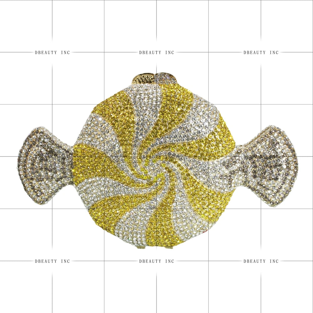 Yellow and white crystal candy-shaped evening clutch bag, designer rhinestone purse for prom or cocktail parties.
