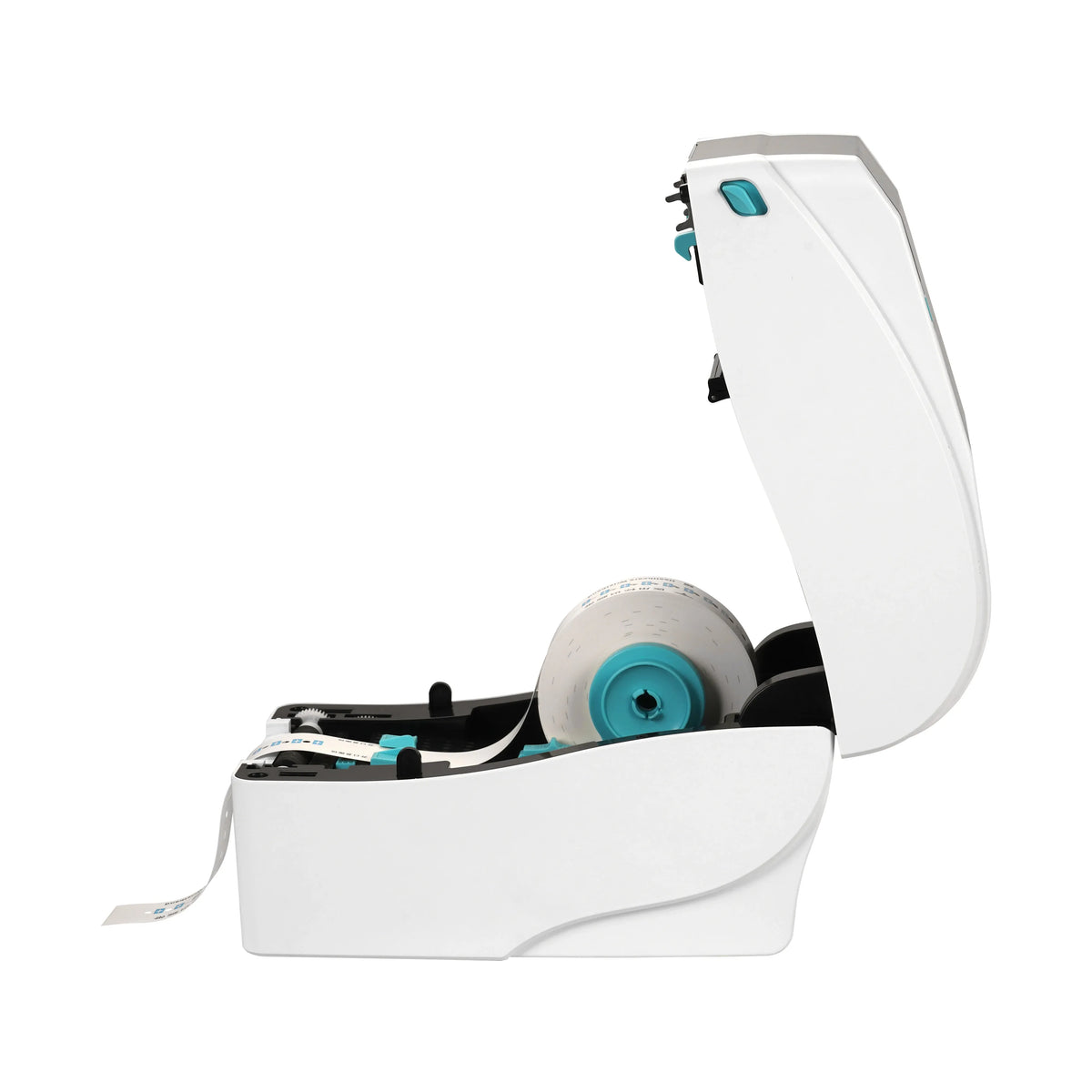 White desktop direct thermal printer with open cover and label roll installed