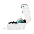 White desktop direct thermal printer with front label roll and open top cover.