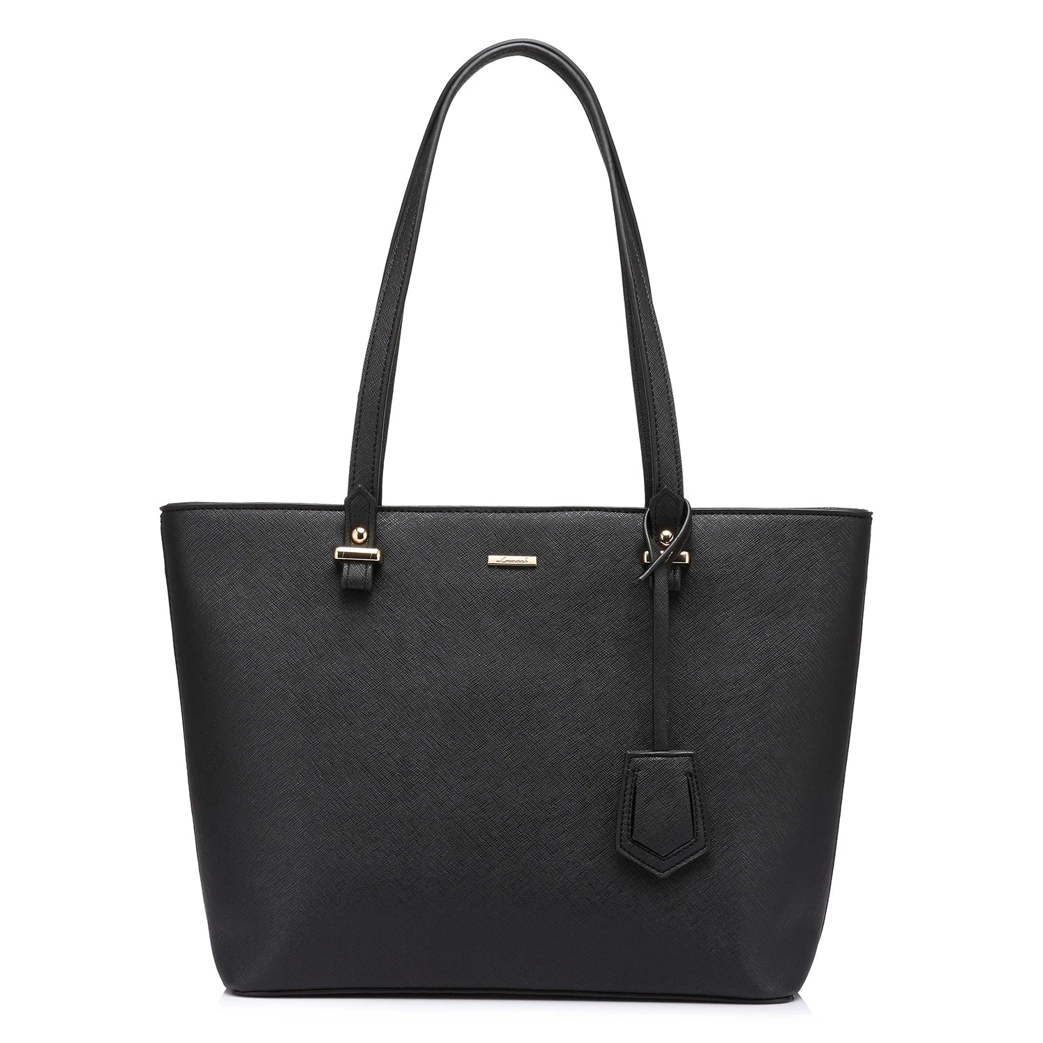 LOVEVOOK black designer tote bag in textured PU leather with gold hardware and elegant shoulder strap.
