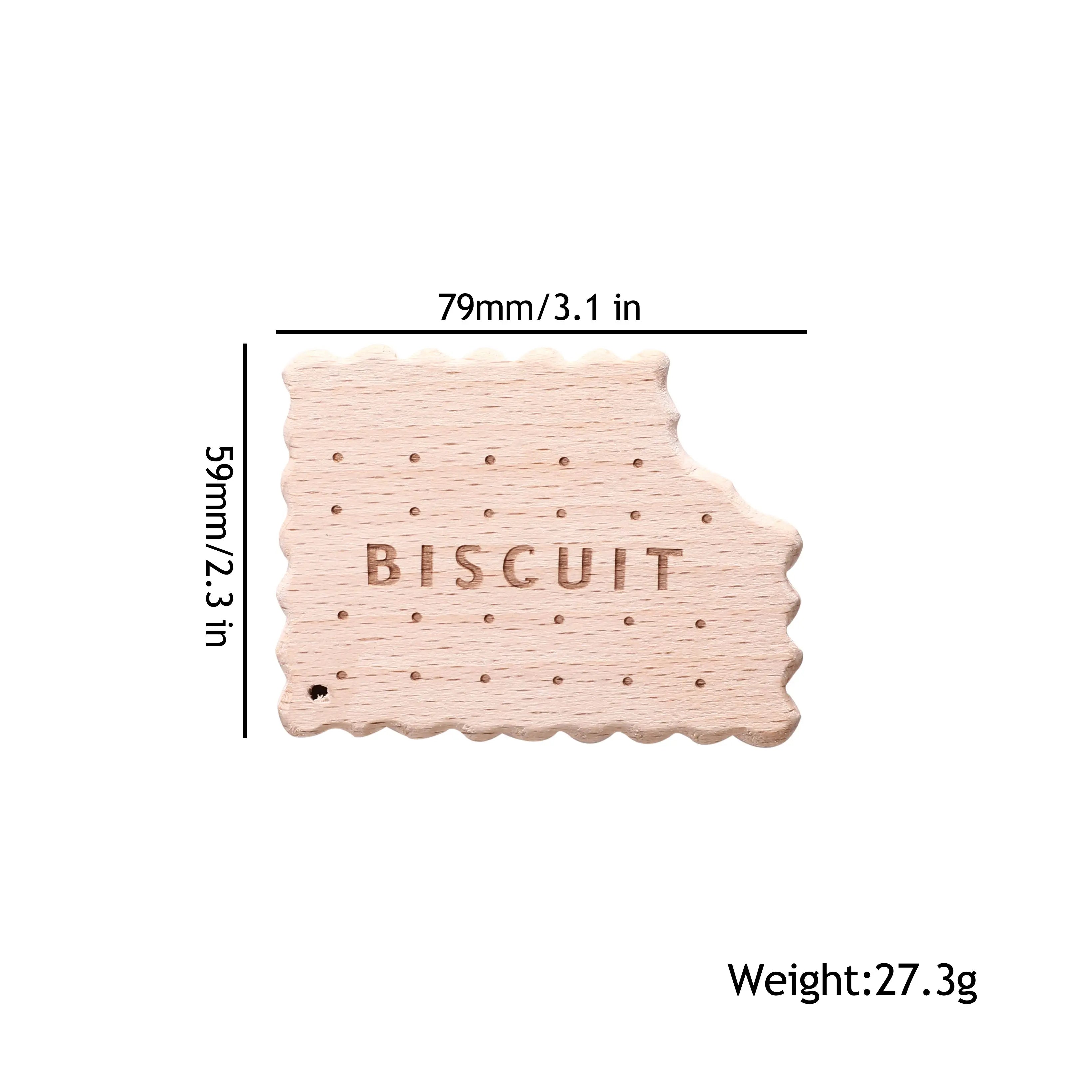 Light brown natural wood biscuit teething toy for baby relief.