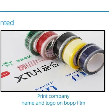 Assorted tape rolls with printed branding on paper cores