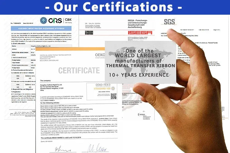 Thermal transfer ribbon jumbo roll certification page with document certificates and hand pointing