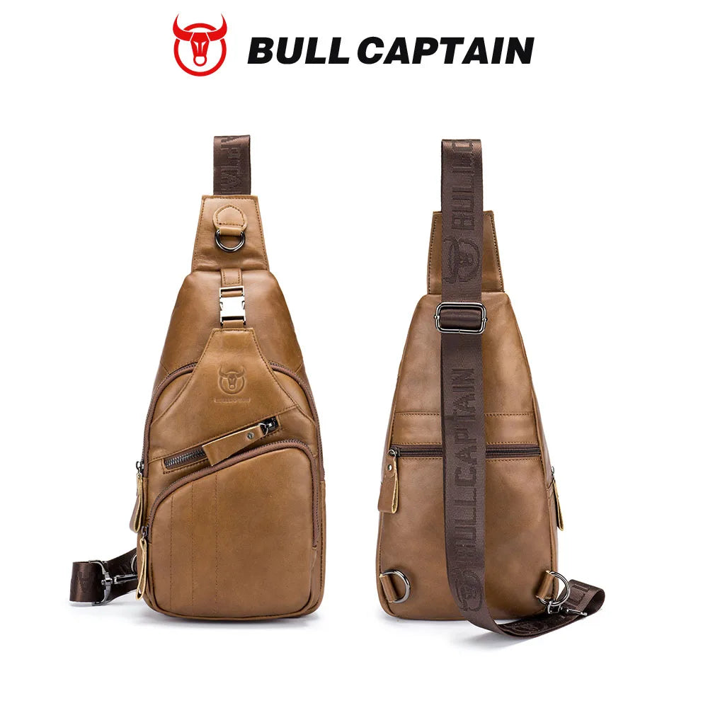 BULLCAPTAIN vintage brown genuine leather crossbody sling bag for men with branded adjustable strap and metal hardware.